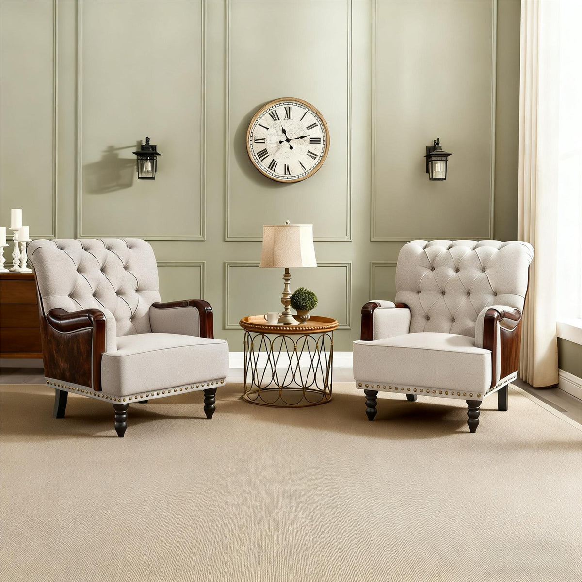 Wingback Chairs, Set of 2, Nailhead Trim with Black Rubberwood Legs