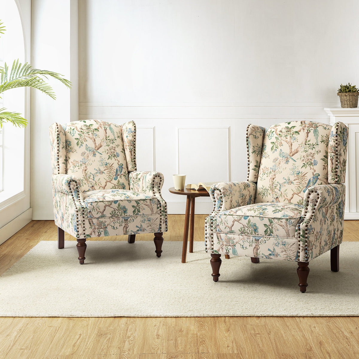 Wingback Chairs, Set of 2, Polyester Blend with Dark Brown Wood Legs