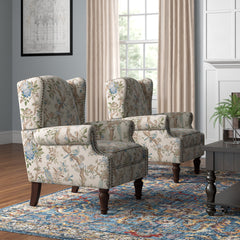 Wingback Chairs, Set of 2, Polyester Blend with Dark Brown Wood Legs