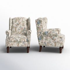 Wingback Chairs, Set of 2, Polyester Blend with Dark Brown Wood Legs