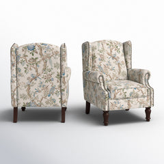Wingback Chairs, Set of 2, Polyester Blend with Dark Brown Wood Legs