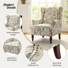 Wingback Chairs, Set of 2, Polyester Blend with Dark Brown Wood Legs