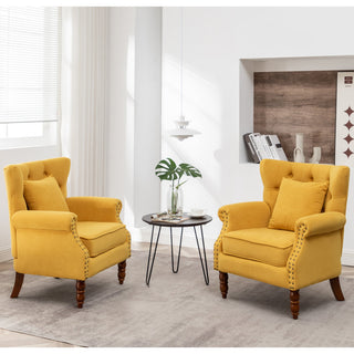 Wingback Chairs, Set of 2, Yellow Velvet with Brown Wood Legs