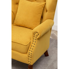 Wingback Chairs, Set of 2, Yellow Velvet with Brown Wood Legs
