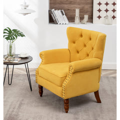 Wingback Chairs, Set of 2, Yellow Velvet with Brown Wood Legs