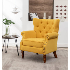 Wingback Chairs, Set of 2, Yellow Velvet with Brown Wood Legs
