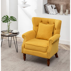 Wingback Chairs, Set of 2, Yellow Velvet with Brown Wood Legs