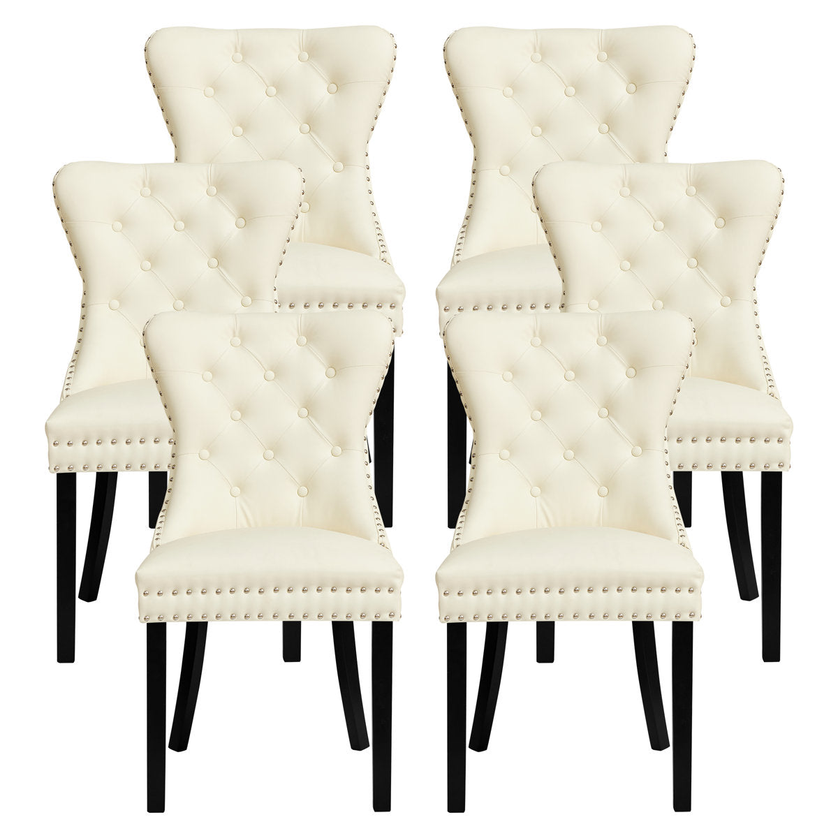 Wingback Dining Chairs, Set of 6, Gray Faux Leather with Natural Wood Legs