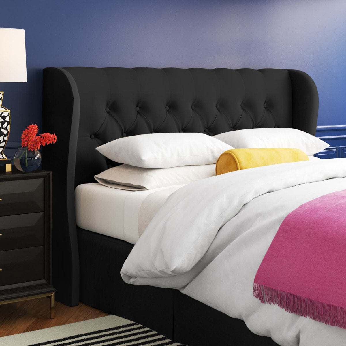 Wingback Headboard, King, Black Velvet with Button Tufting