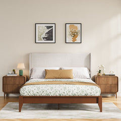 Wingback Headboard, King Size, Tan Linen Upholstery with Wood Frame