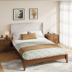 Wingback Headboard, King Size, Tan Linen Upholstery with Wood Frame
