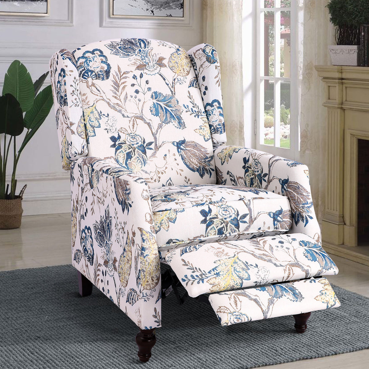 Wingback Push-Back Recliner Chair in Blue and Cream Floral Fabric with Black Wood Legs