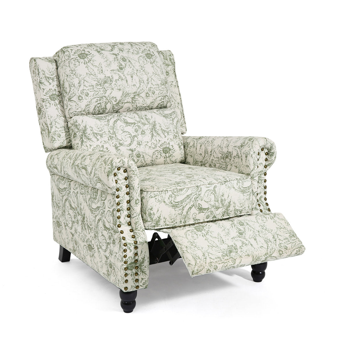 Wingback Recliner Chair in Green Abstract Fabric with Black Legs