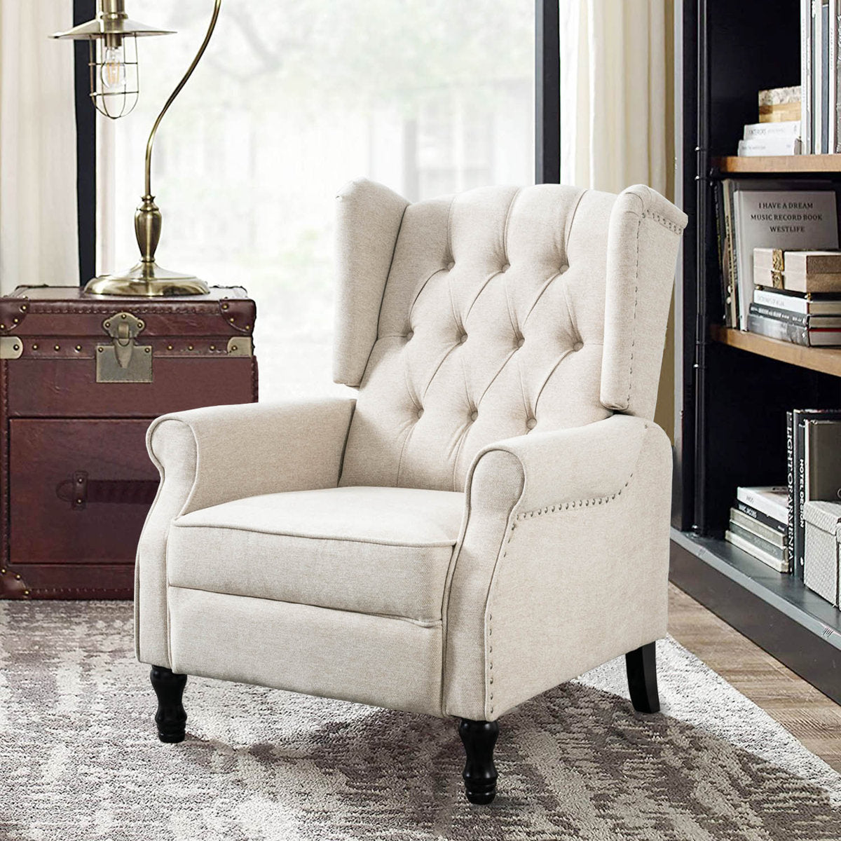 Wingback Recliner Chair with Wood Legs and Tufted Detailing, Beige