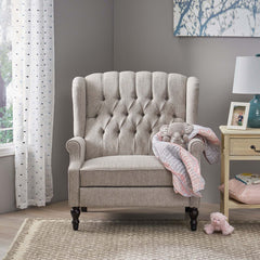 Wingback Recliner, Light Gray Fabric with Black Wood Legs