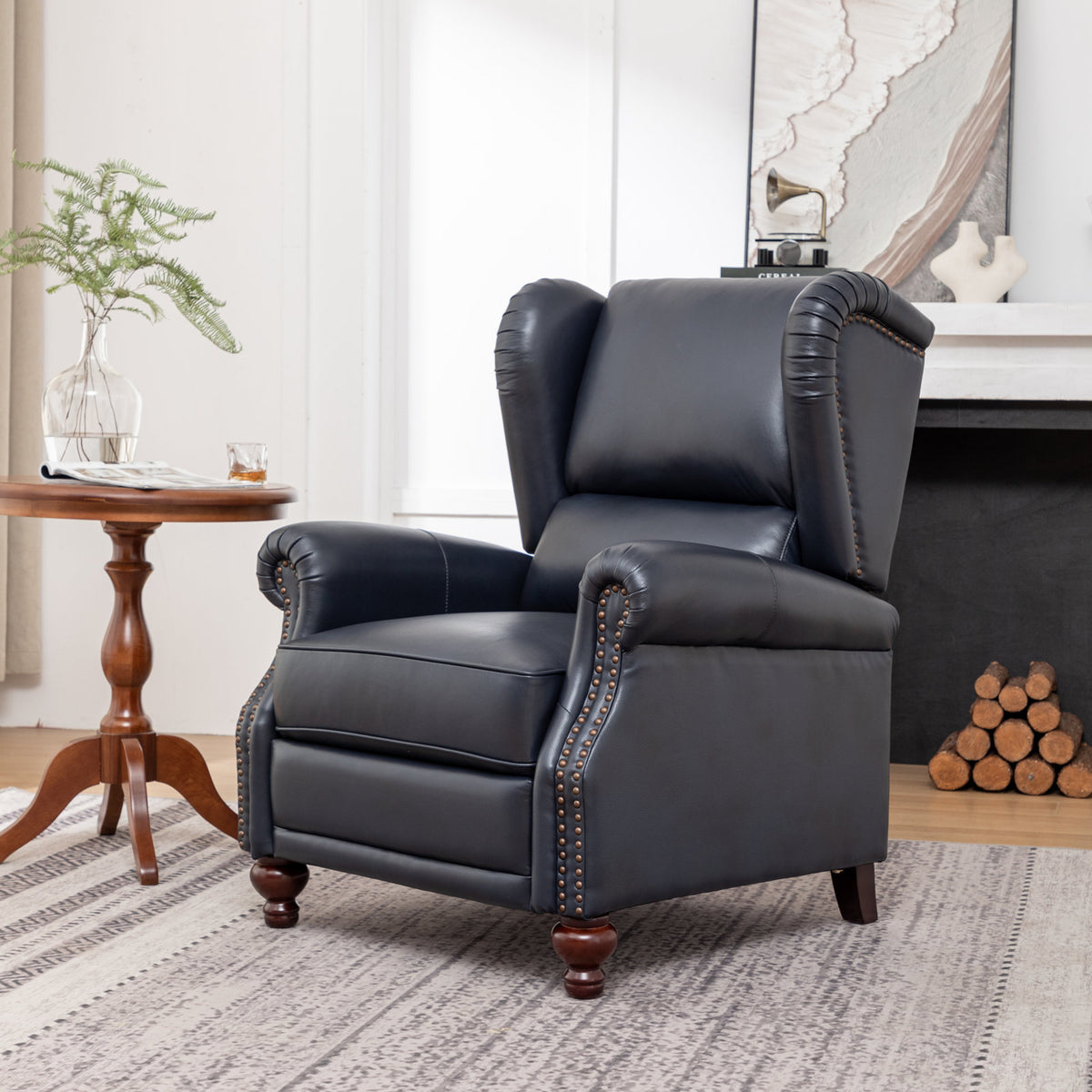 Wingback Recliner, Navy Genuine Leather with Espresso Wood Legs