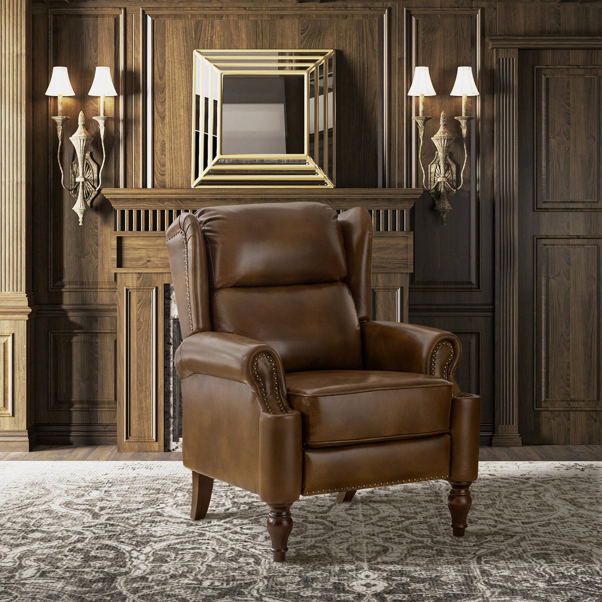 Wingback Recliner with Rolled Arms and Nailhead Trim in Toffee