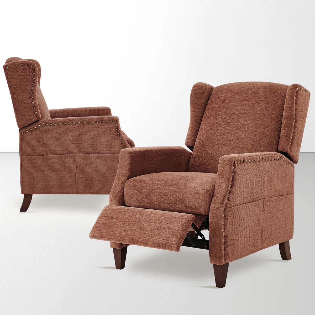 Wingback Recliners, Set of 2, Coral Fabric with Dark Brown Wood Legs