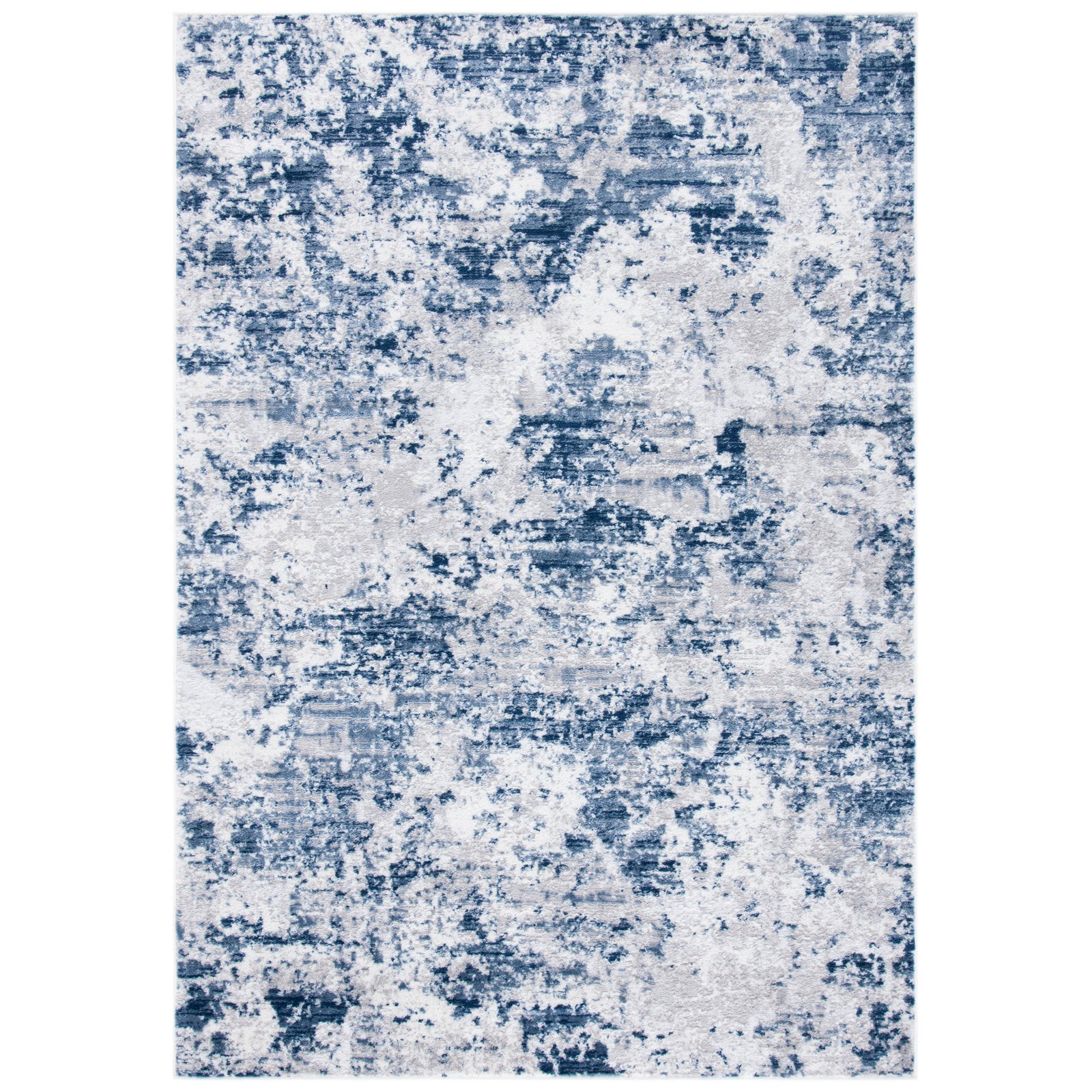 Full rug | the whole rug flat, indigo-blue abstract pattern on a soft grey-white ground, no furniture