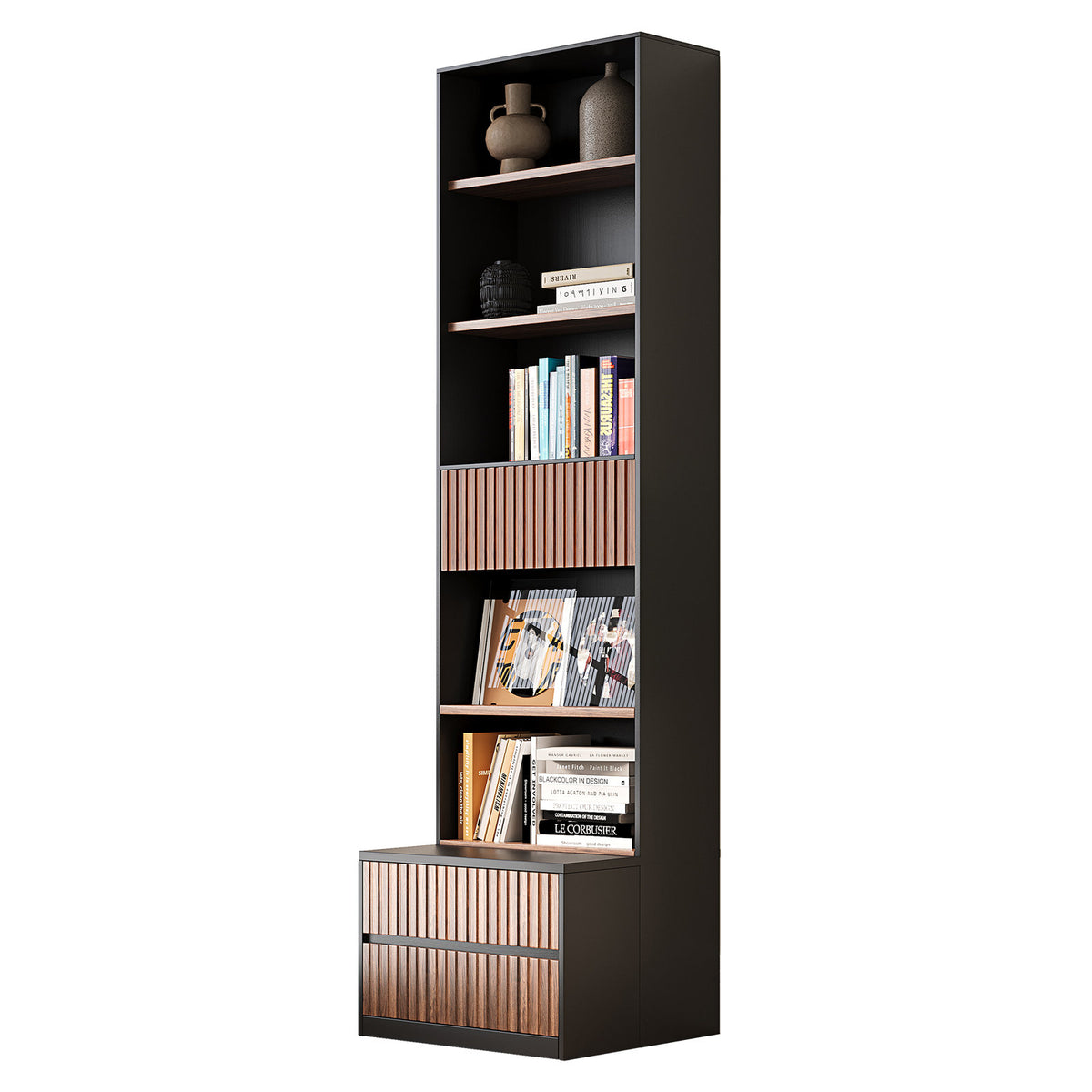 Wood Bookcase with 6 Shelf Tiers and Drawers in Black and Brown