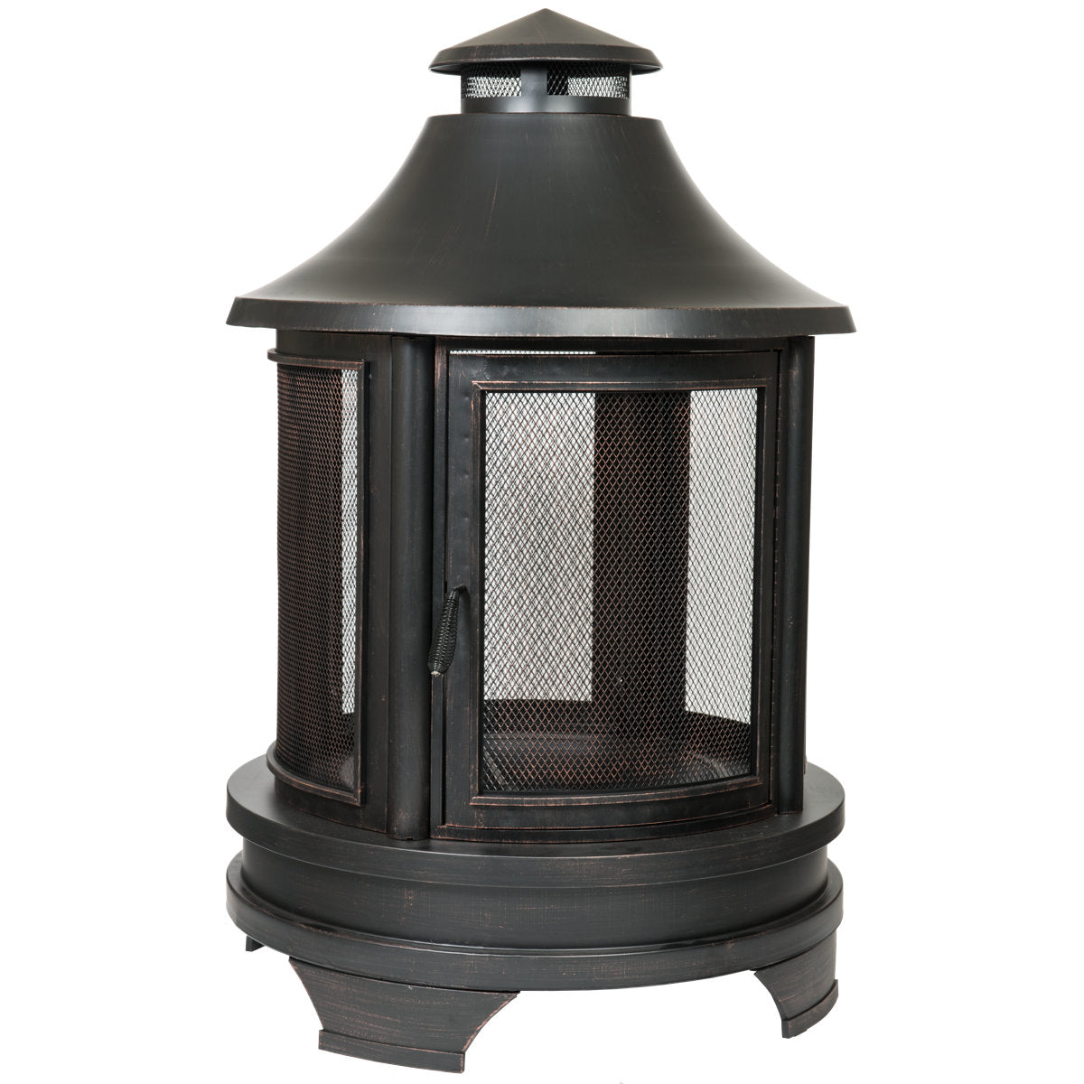 Wood Burning Fire Pit with Spark Screen and Poker, Brown Steel