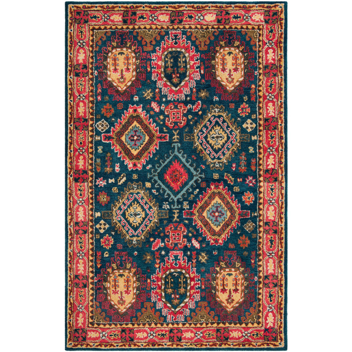 Wool Area Rug, 5 x 8 ft in Coral, Light Blue and Orange