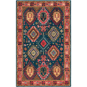 Wool Area Rug, 5 x 8 ft in Coral, Light Blue and Orange