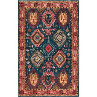 Wool Area Rug, 5 x 8 ft in Coral, Light Blue and Orange