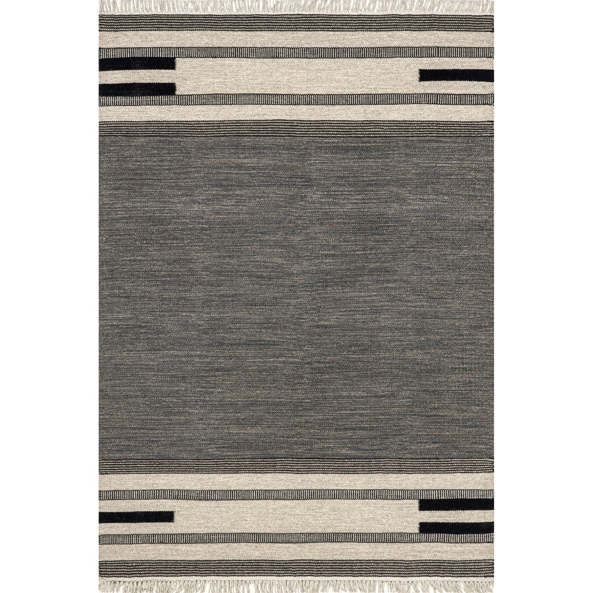 Wool Area Rug, 7'6" x 9'6", Black with Geometric Pattern