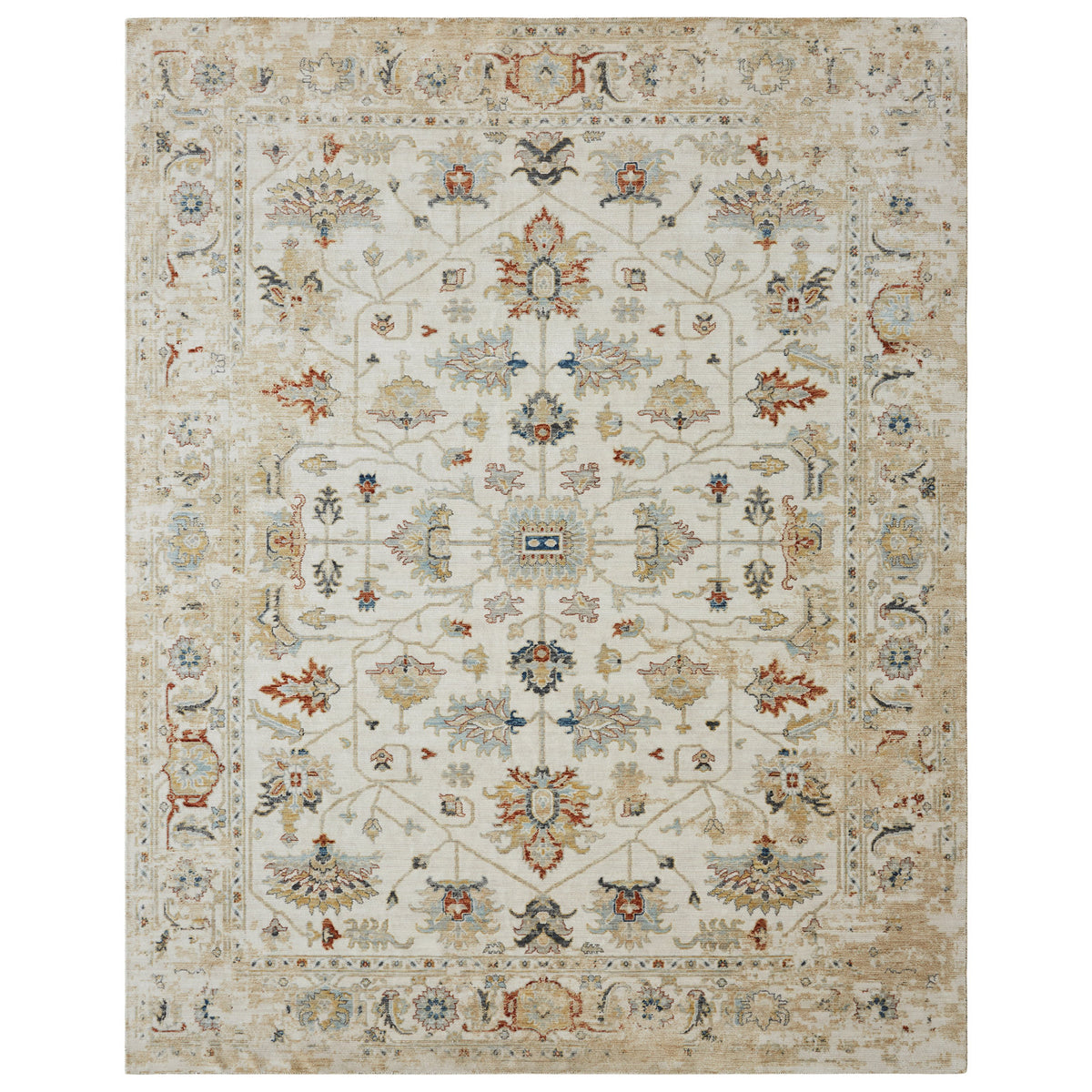 Wool Area Rug, 8'6" x 11'6" in Ivory, Beige, Rust and Navy Blue