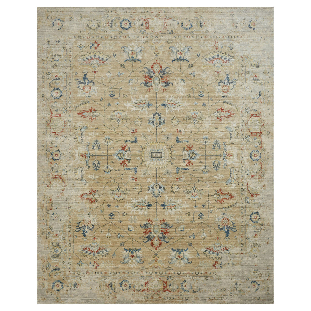Wool Area Rug, 8 ft 6 in x 11 ft 6 in with Blue and Gold Pattern