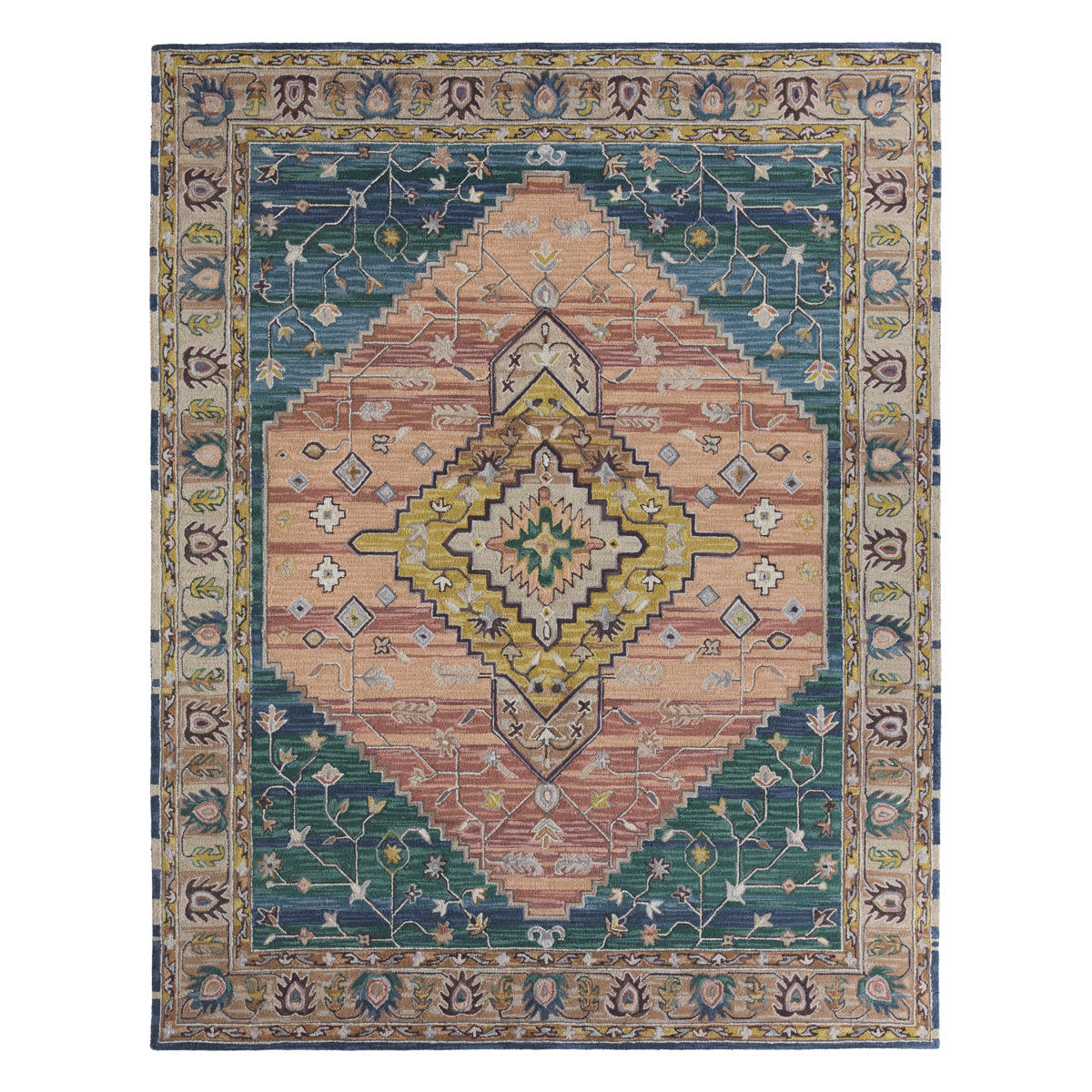 Wool Area Rug, 8 ft x 10 ft in Pink, Yellow and Blue Medallion