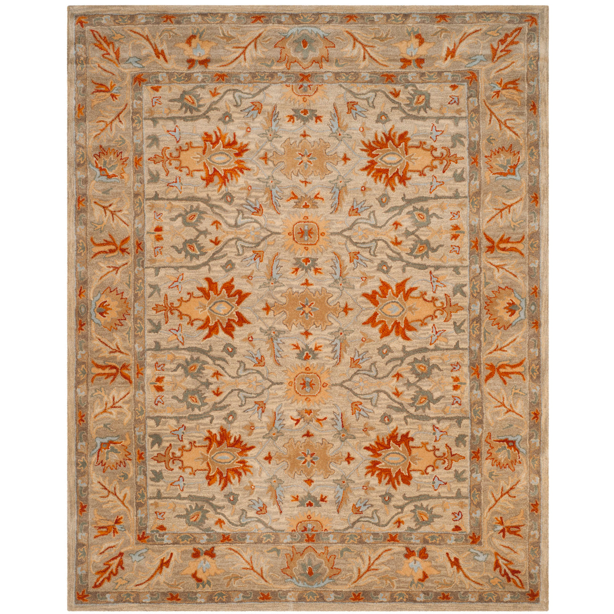Wool Area Rug, 8 x 10 ft with Oriental Pattern in Beige, Gray and Orange