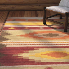 Wool Area Rug, Rectangle 9' x 12' in Red, Orange and Green
