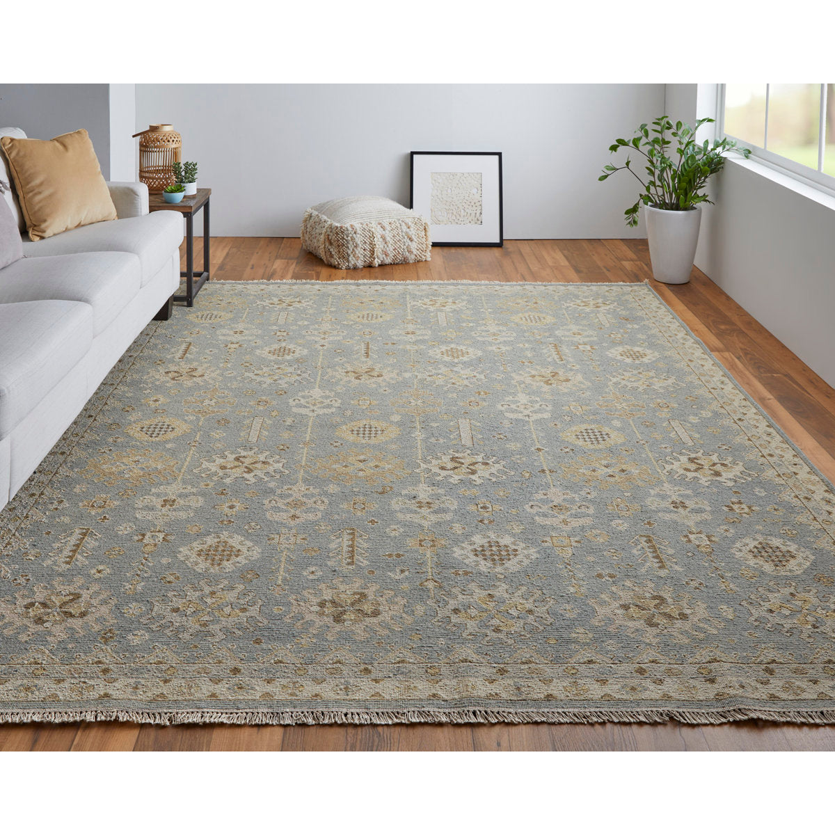 Wool Runner Rug, 2'6" x 12' in Blue/Gray/Ivory