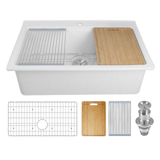 Drop-In Workstation Kitchen Sink, Single Bowl in White Fireclay