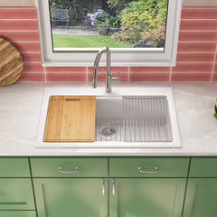 Workstation Kitchen Sink, Drop-In, Single Bowl, Fireclay, 33 Inch, White