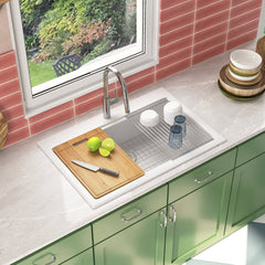Workstation Kitchen Sink, Drop-In, Single Bowl, Fireclay, 33 Inch, White