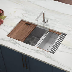 Workstation Kitchen Sink, Undermount, 60/40 Double Bowl, 33 Inch, Brushed Stainless Steel