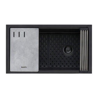 Workstation Kitchen Sink, Undermount, Single Bowl, Granite Composite, Midnight Black