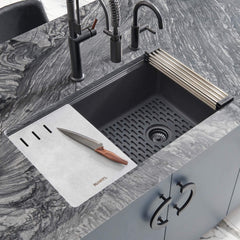 Workstation Kitchen Sink, Undermount, Single Bowl, Granite Composite, Midnight Black