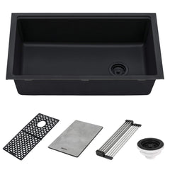 Workstation Kitchen Sink, Undermount, Single Bowl, Granite Composite, Midnight Black