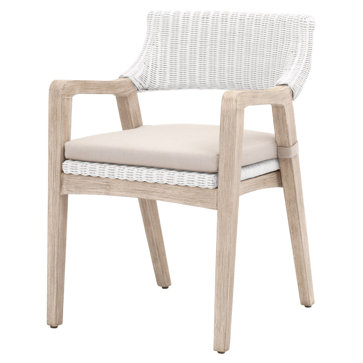 Woven Dining Armchair with Mahogany Legs in White and Gray Rattan