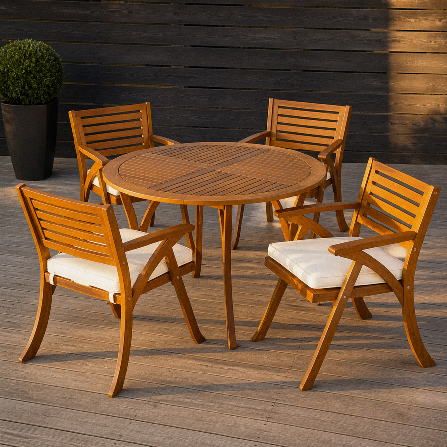 On the deck | round acacia table and four chairs on a redwood deck at golden hour