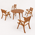 Angle | the five pieces at three-quarter on paper ground, teak-tone grain readable