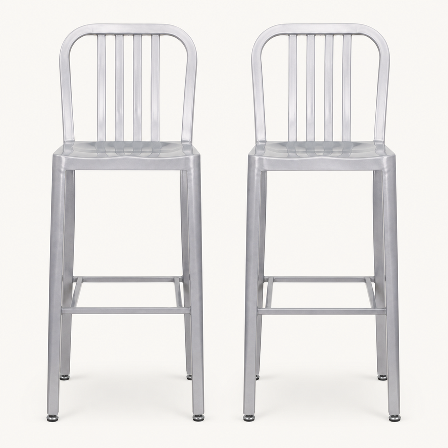 Front | two silver bar stools side by side, front elevation on paper studio ground