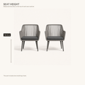 Seat height | two gray open-back wicker dining armchairs with a drawn 16.5 inch seat-height measurement