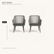 Seat height | two gray open-back wicker dining armchairs with a drawn 16.5 inch seat-height measurement