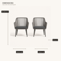 Dimensions | two gray open-back wicker dining armchairs with drawn height, width, and depth measurements for each chair