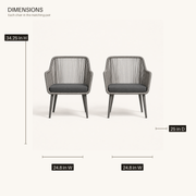 Dimensions | two gray open-back wicker dining armchairs with drawn height, width, and depth measurements for each chair